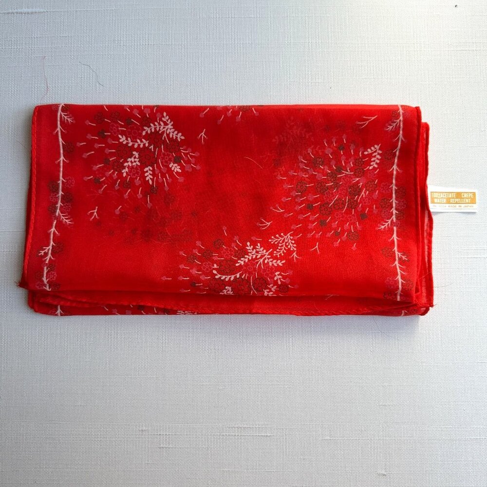 Vintage Red Floral Water Repellent Acetate Scarf 42" X 10" For Neck or Headwear